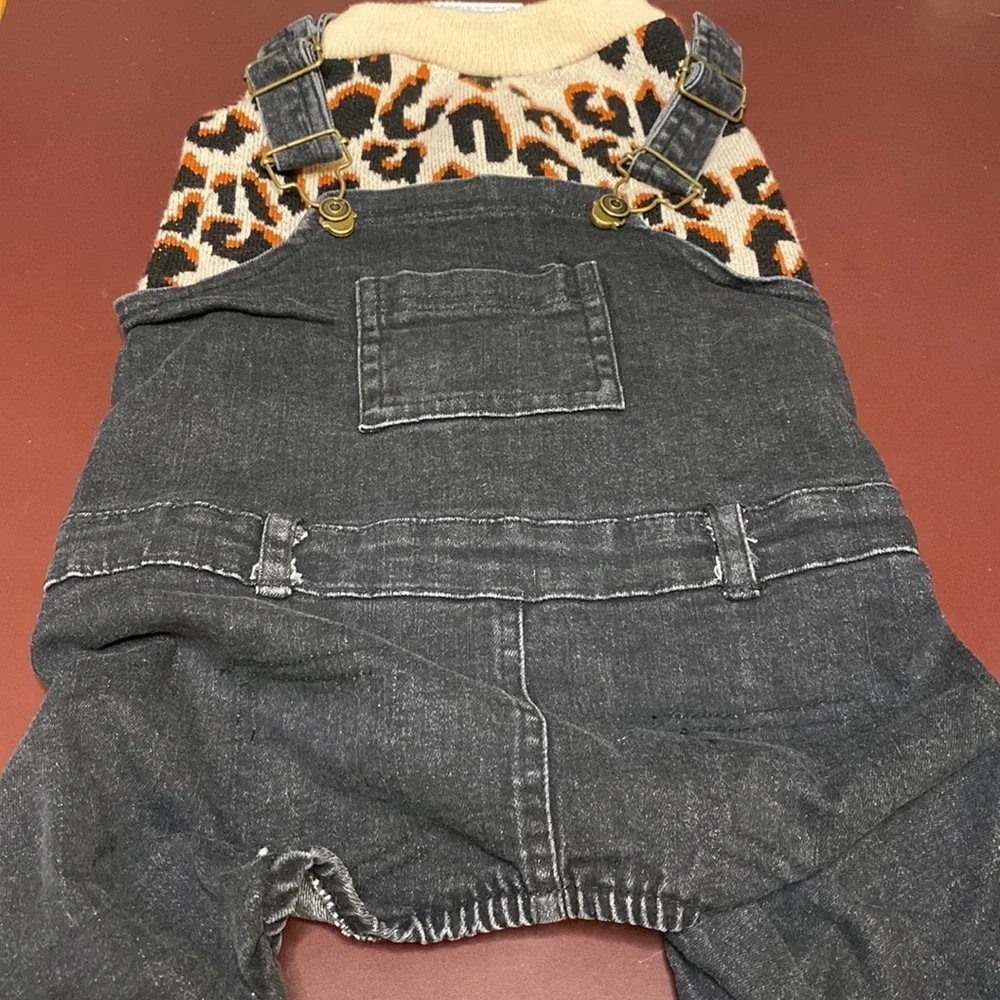 Doggy Stretch Denim Overalls with Leopard Sweater